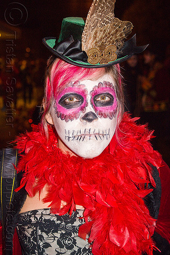 sugar skull makeup - red feather boa, cocktail hat, day of the dead, dia de los muertos, face painting, facepaint, feather hat, feathers, green hat, halloween, night, read feather boa, sugar skull makeup, woman
