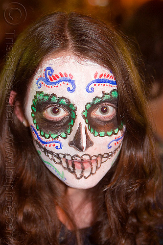 sugar skull makeup - staring eyes, day of the dead, dia de los muertos, face painting, facepaint, grey eyes, halloween, night, staring eyes, sugar skull makeup, woman
