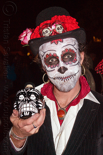 sugar skull makeup - white and red, day of the dead, dia de los muertos, face painting, facepaint, halloween, hat, man, necklace, night, red, sugar skull bottle, sugar skull makeup