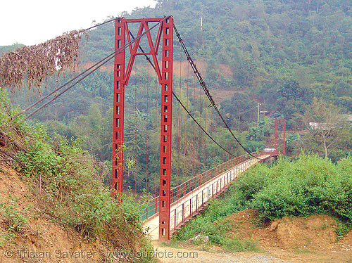suspension bridge - vietnam, bridge pillar, bridge tower, nà phòng, red, suspension bridge