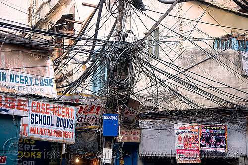 tangled power lines - messy electrical wiring in street - delhi (india), delhi, electric, electricity, pole, tangled, wires, wiring