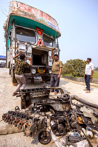 tata truck with disassembled engine (india), disassembled, engine, fixing, lorry, mechanic, men, motor, parts, repairing, road, tata motors, truck drivers, truckers