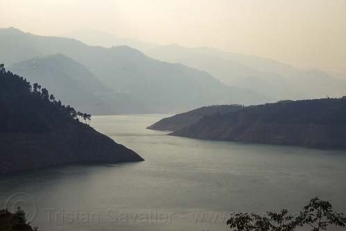 tehri reservoir - bhilangna valley (india), artificial lake, bhilangna river, bhilangna valley, hazy, hills, landscape, mountains, reservoir, tehri lake
