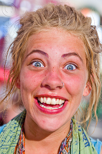 the effect of burning man on a girl's brain, blonde, eyes, nose piercing, nose ring, nostril piercing, woman