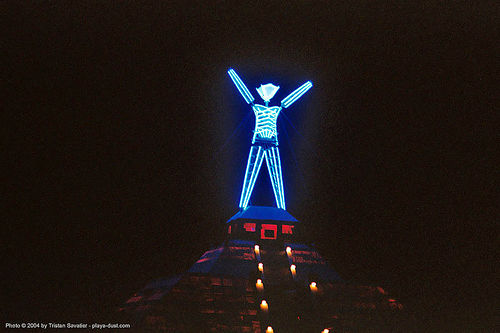 the man at night - burning man 2003, burning man at night, glowing, neon light, pyramid, the man