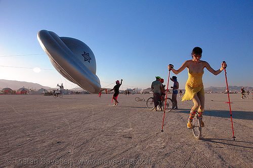 the raelians flying saucer - burning man 2006, flying saucer, raelians, raeliens, ufo, unicycle, woman