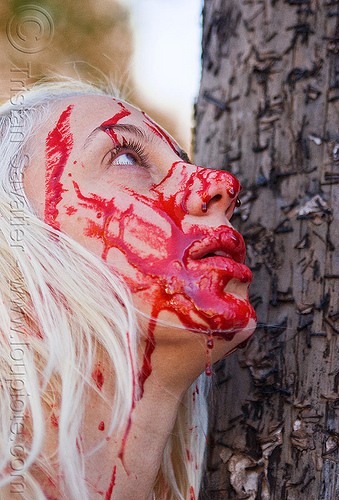 theatrical blood halloween makeup - young blond woman (san francisco), bleeding, blonde, fake blood, halloween, makeup, red, special effects, stage blood, theatrical blood, woman, zombie