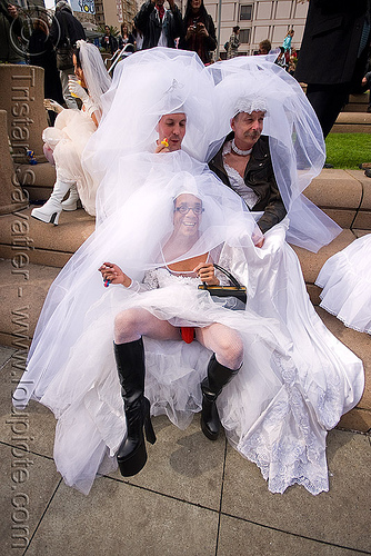 three brides - brides of march (san francisco), bride, brides of march, male underwear, wedding dress, white