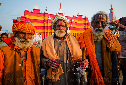 three old hindu pilgrims - kumbh mela 2013 (india), ashram, bhagwa, hindu pilgrimage, hinduism, kumbh mela, old men, pilgrims, saffron color, tilak, tilaka, white beard
