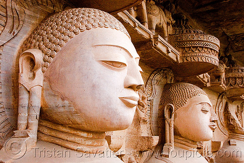 tirthankaras heads - jain rock-cut temple (gwalior), caves, gwalior, heads, jain temple, jainism, rock-cut, sculptures, statue, stone carving, temples, tirthankaras