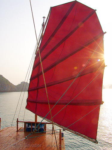 traditional junk-boat sail - vietnam, boat, cat ba island, chinese junk, cát bà, halong bay, red, sail, sea
