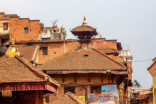 traditional nepali roofs with central brick chimney (nepal), bhaktapur, houses, roofs, tiles