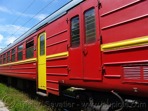 train car - red and yellow, doors, railroad, red, train car, yellow