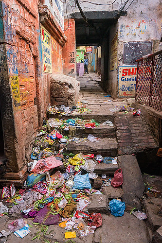 trash in narrow street - varanasi (india), environment, garbage, narrow street, plastic trash, pollution, single use plastics, stairs, steps, varanasi