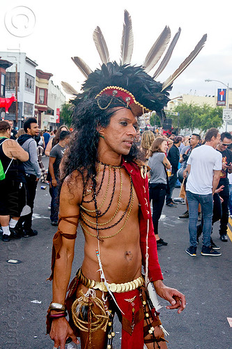 tribal native american costume - folsom street fair (san francisco), chains, feather headdress, feathers, indigenous culture, man, native american, tribal costume