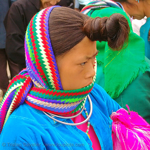 tribe woman with interesting hairdo - vietnam, colorful, hill tribes, indigenous, knot, knotted, mèo vạc