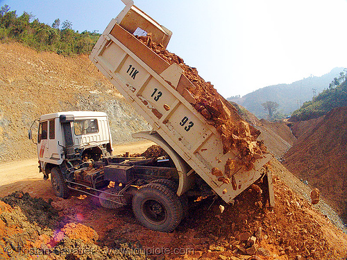 truck dumping earth - landfill - road construction - vietnam, cao bằng, landfill, lorry, road construction, roadwork, truck