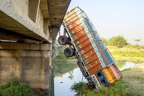 truck hanging off bridge - traffic accident (india), bridge, crash, crushed, hanging, lorry accident, overpass, river, road, tata motors, traffic accident, truck accident, west bengal, wreck