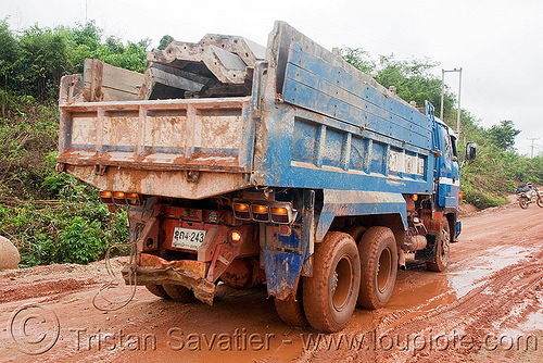 truck on mud road (laos), blue, lorry, mud, road, truck