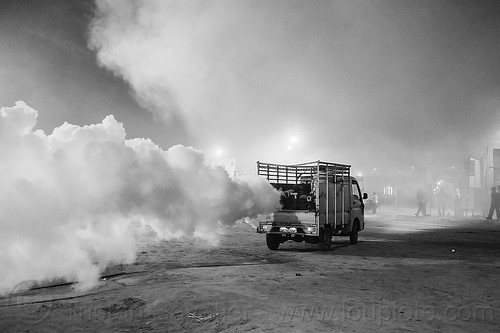 truck spraying ddt insecticide at kumbh mela 2013 (india), air quality, ddt, environment, fog truck, fogger truck, fogging, hindu pilgrimage, hinduism, insecticide, kumbh mela, lorry, night, pollution, smog, spray gun, spraying, white smoke