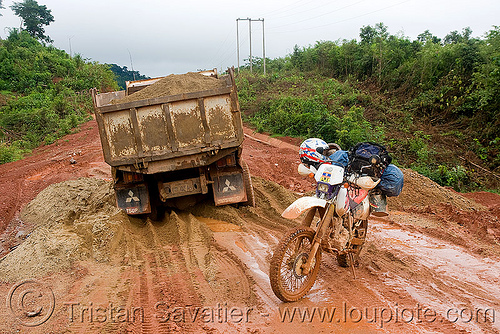 truck stuck in mud - honda xr 250 (laos), 250cc, dual-sport, honda motorcycle, honda xr 250, lorry, motorcycle touring, mud ruts, road, truck