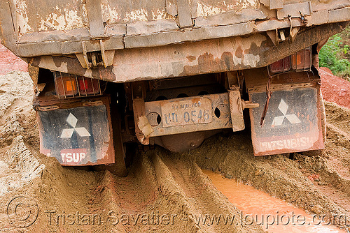 truck stuck in mud (laos), lorry, mitsubishi motors, mud, road, ruts, truck