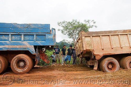 truck stuck in mud (laos), dirt road, lorry, men, mud, sand, trucks, unpaved
