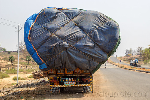 truck with oversize load (india), blue, cargo, freight, lorry, overloaded, oversize load, road, ropes, tarp, tata motors, truck