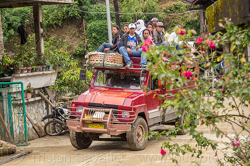 truck with passengers on roof (philippines), cordillera, passengers, road, roof, sitting, truck