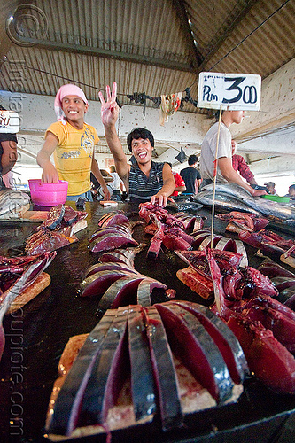 tuna fish slices, borneo, fish market, fishes, food, lahad datu, maguro, malaysia, men, merchant, seafood, tuna, vendors
