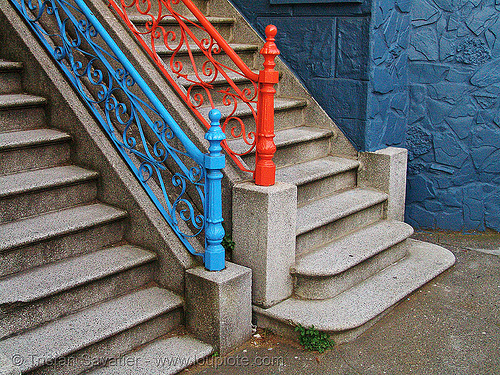 twin stair (san francisco), blue, red, stairs, twins