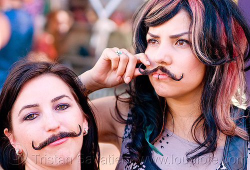 two girls with fake moustaches, fake moustaches, fake mustaches, false moustaches, false mustaches, haight street fair, mustache, sarah, women