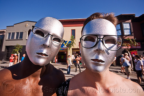 two guys with silver masks - folsom street fair (san francisco), eyeglasses, eyewear, glasses, masks, men, silver, spectacles