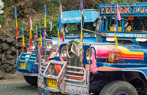 two jeepneys (philippines), baguio, colorful, decorated, jeepneys, painted, road, truck