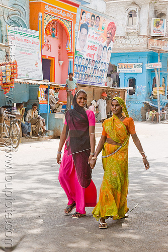 two young hindu women holding hands (india), holding hands, indian woman, indian women, sailana, saree, sari, walking