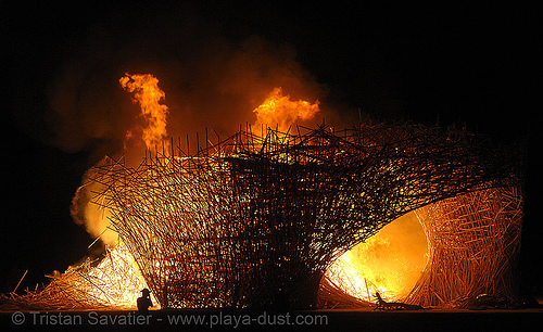 uchronia burning - burning man 2006, art installation, belgian waffle, burning man at night, fire, uchronia