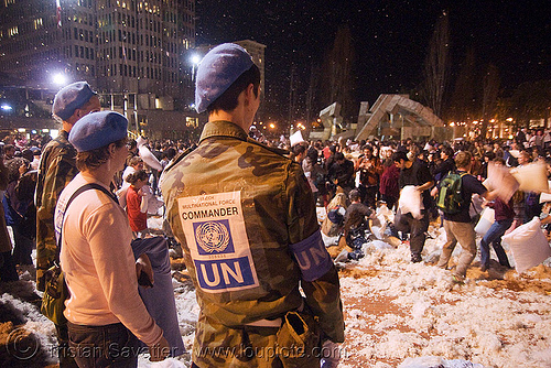 un observers at the great san francisco pillow fight 2008, army, down feathers, edw lynch, evan wagoner lynch, military, multinational force, night, pillows, soldier, un observers, uncch, united nations, world pillow fight day