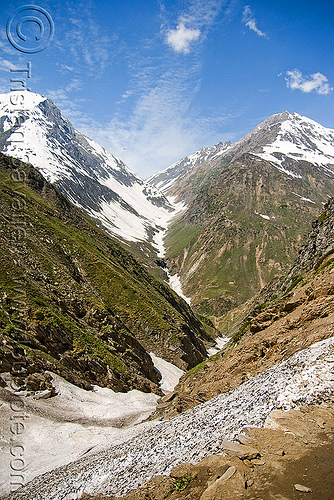 valley view from trail - amarnath yatra (pilgrimage) - kashmir, amarnath yatra, hindu pilgrimage, kashmir, landscape, mountain trail, mountains, pilgrims, snow, v-shaped valley