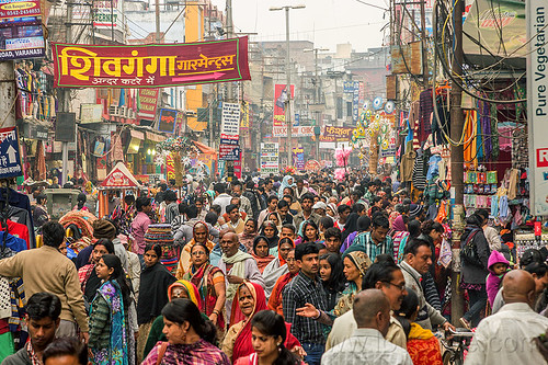 very crowded pedestrian market street (india), crowd, pedestrians, varanasi, walking