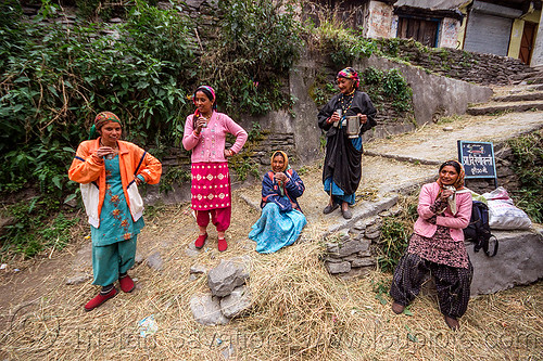 village women drinking chai (india), dhauliganga valley, hay, indian women, mountains, raini chak lata, sitting, stairs, steps, village