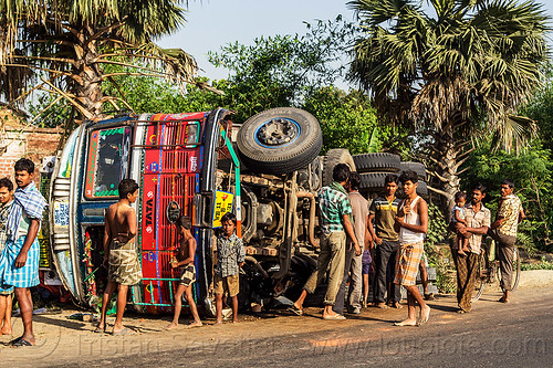villagers near overturned truck (india), crash, lorry accident, overturned truck, road, rollover, tata motors, traffic accident, truck accident, wreck