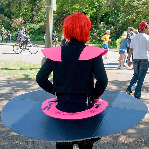 vinyl record costume, bay to breakers, costume, red wig, street party, vinyl record, woman