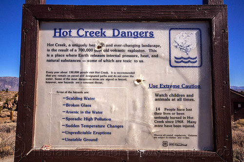 warning sign - hot creek dangers (california), california, caution, danger, dangerous, eastern sierra, hot creek, hot springs, long valley caldera, mammoth lakes, river, warning sign
