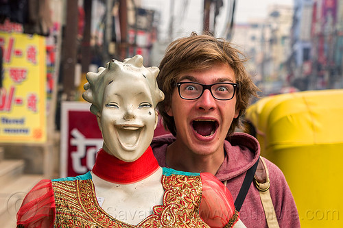 weird couple - guy with smiling store dummy, dummy head, laughing, man, mannequin, mouth, store dummy, varanasi