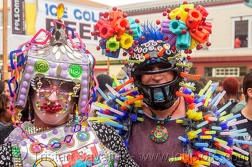 weird futuristic color plastic costumes (san francisco), colorful, costumes, headdress, helmet, men, plastic