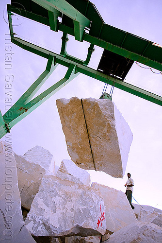 white marble block - production quarry - portal crane (india), blocks, cable, gantry crane, man, marble stone, portal crane