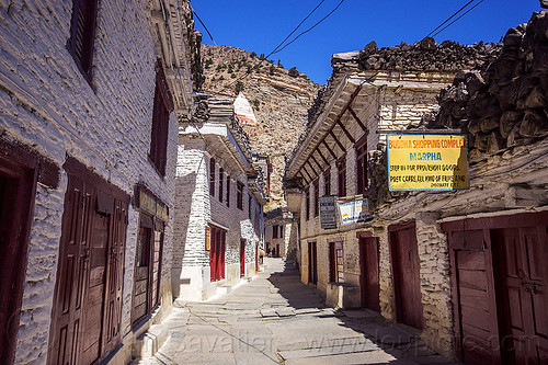 whitewashed houses - main street - buddha shopping complex (nepal), annapurnas, dry stone, houses, kali gandaki valley, marpha, painted, stone house, village, white, whitewashed
