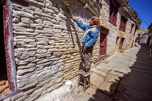 whitewashed stone house - marpha (nepal), annapurnas, dry stone, houses, kali gandaki valley, marpha, painted, painting, stone house, village, white, whitewashed, woman