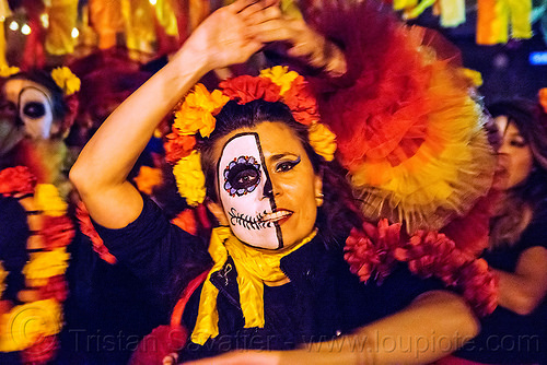woman dancing salsa - dia de los muertos, dancing, day of the dead, dia de los muertos, face painting, facepaint, flower headdress, half skull, halloween, night, salsa dancer, sugar skull makeup, woman