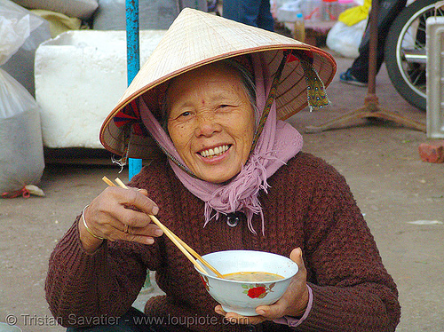woman eating soup - vietnam, asian woman, bowl, chopsticks, conical asian hat, conical hat, food, lang sơn, mature woman, old
